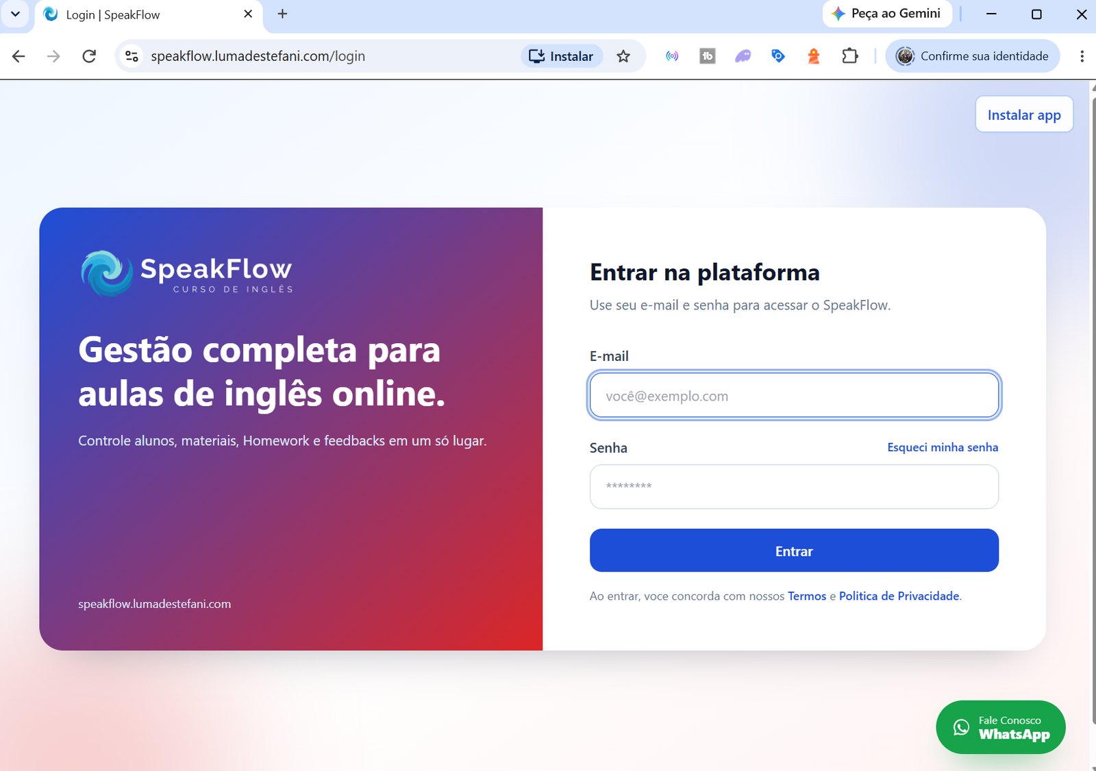 Tela de login do SpeakFlow