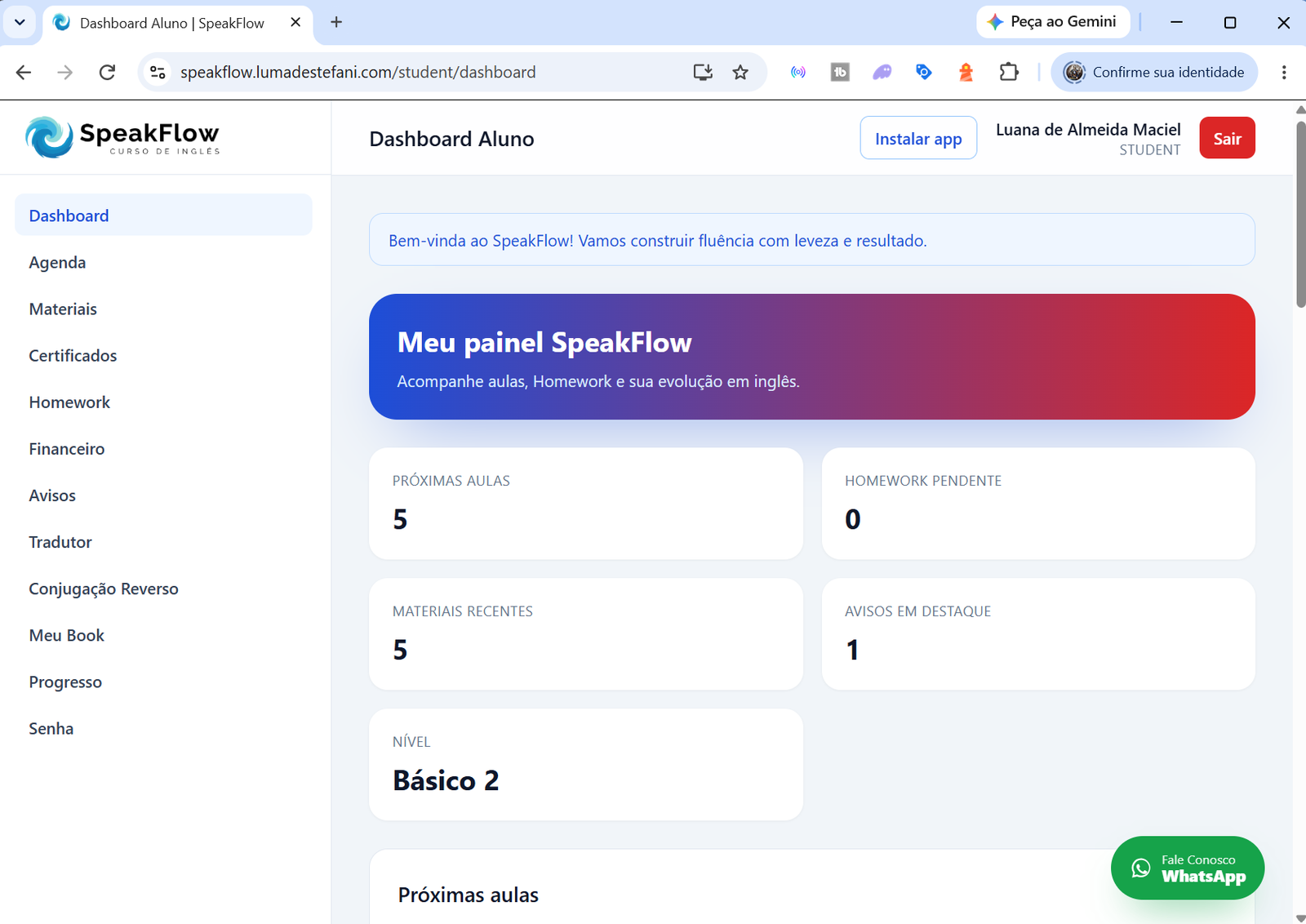 Dashboard do aluno SpeakFlow